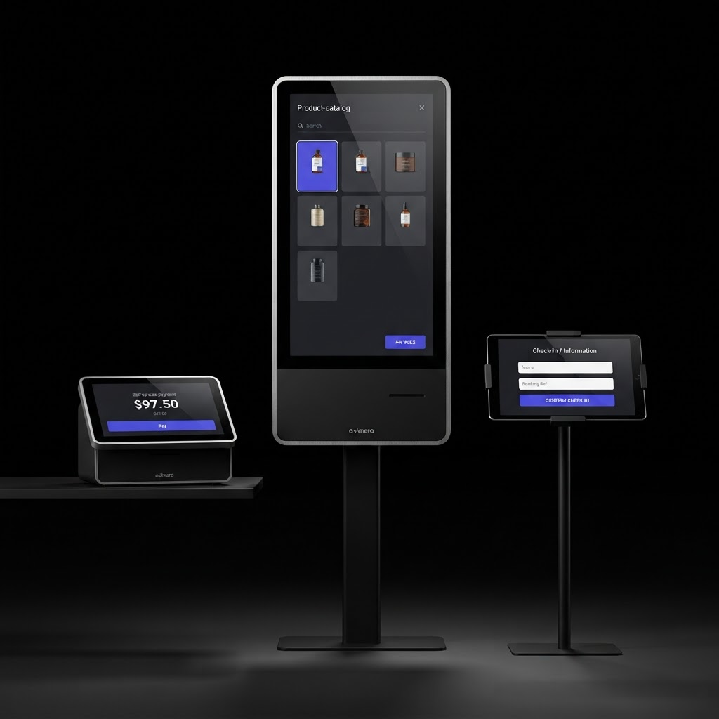 Familia de kioscos Aximera: un kiosco vertical de gran formato con catálogo de compra, un kiosco compacto de pago y una tablet de registro.