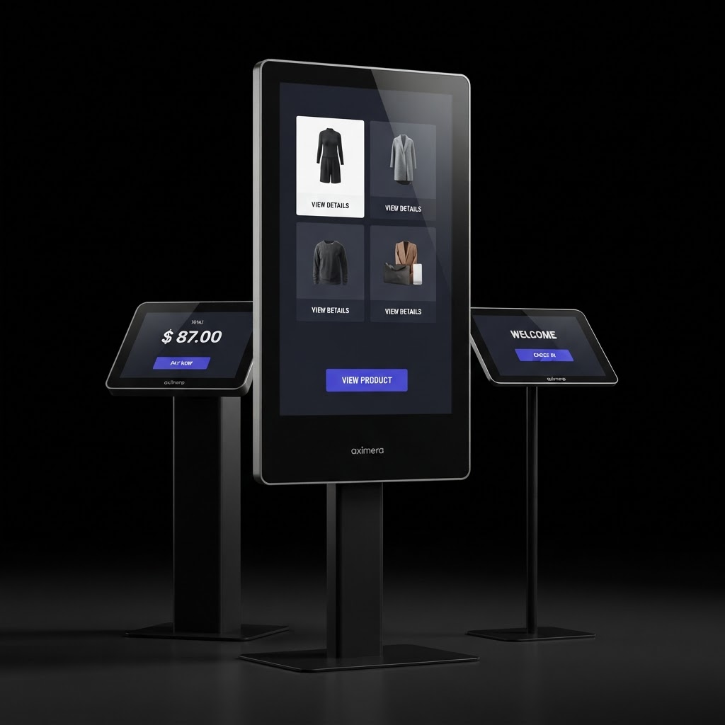 Familia de kioscos Aximera: un kiosco vertical de gran formato con catálogo de compra, un kiosco compacto de pago y una tablet de registro.